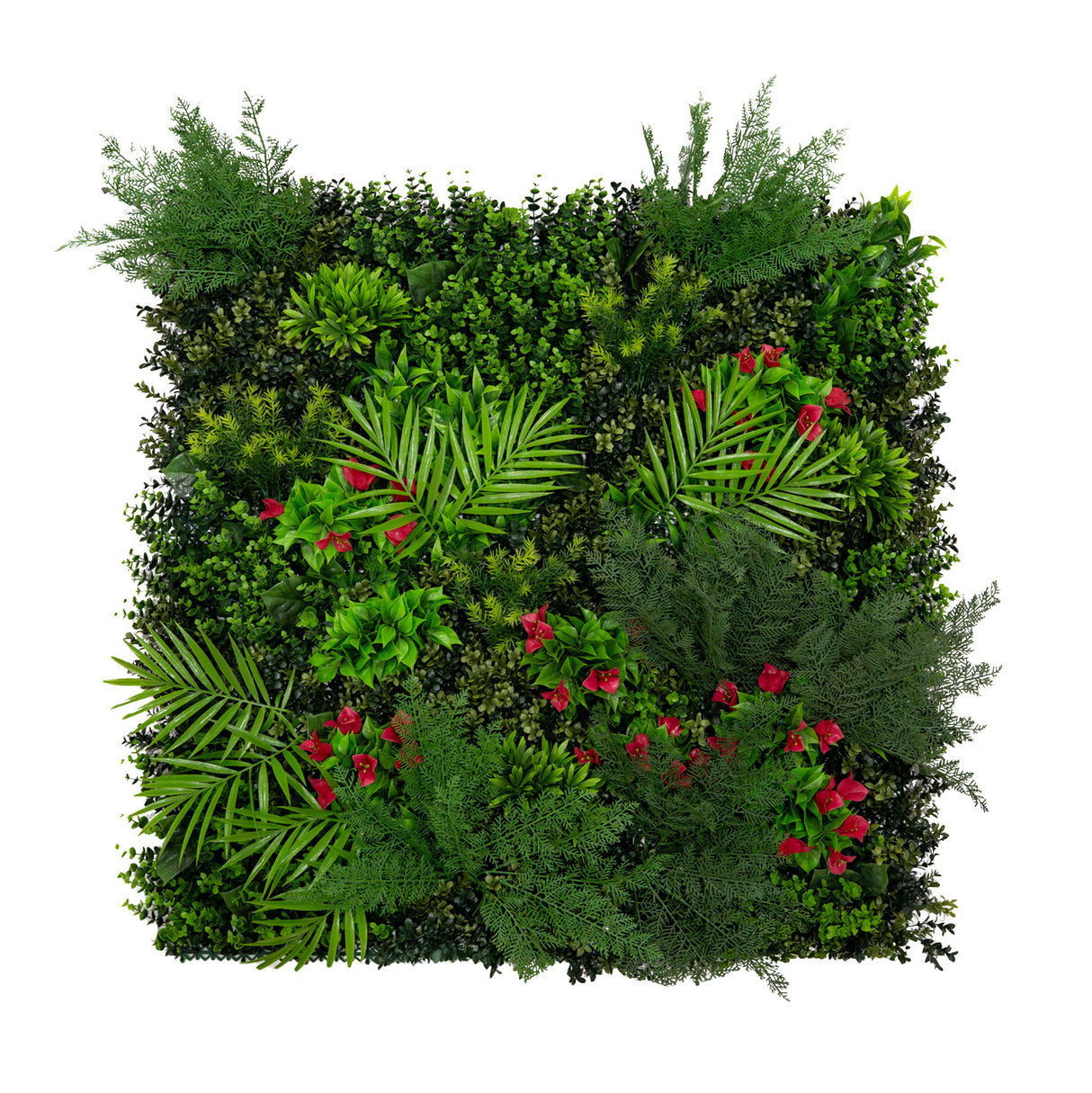Panneau mural végétal artificiel de 100 x 100 cm, composé de feuillages verts variés et de fleurs rouges, texture réaliste et luxuriante