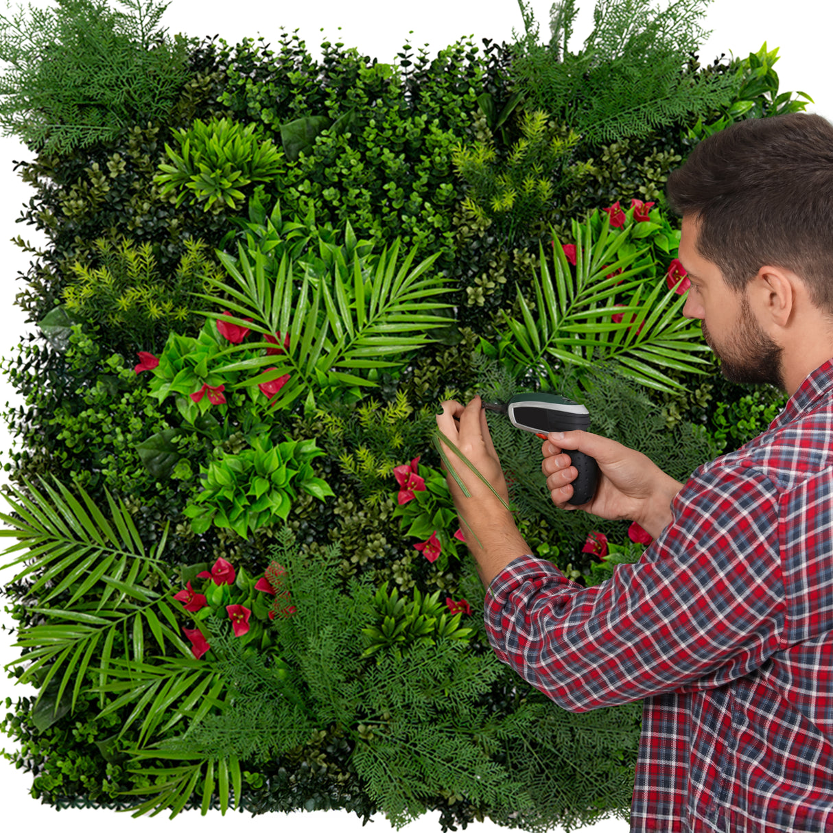 Panneau mural végétal artificiel de 100 x 100 cm, avec des feuilles vertes luxuriantes et des fleurs rouges, texture réaliste et décorative