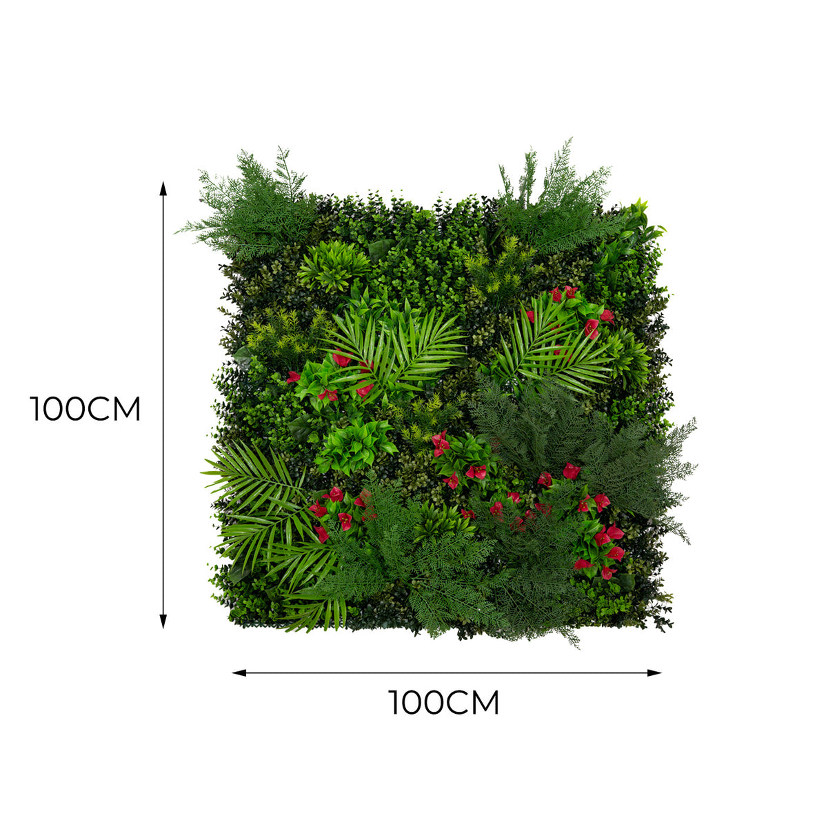 Panneau mural végétal artificiel de 100 x 100 cm, composé de feuillage vert, de fougères et de fleurs rouges, texture réaliste et décorative