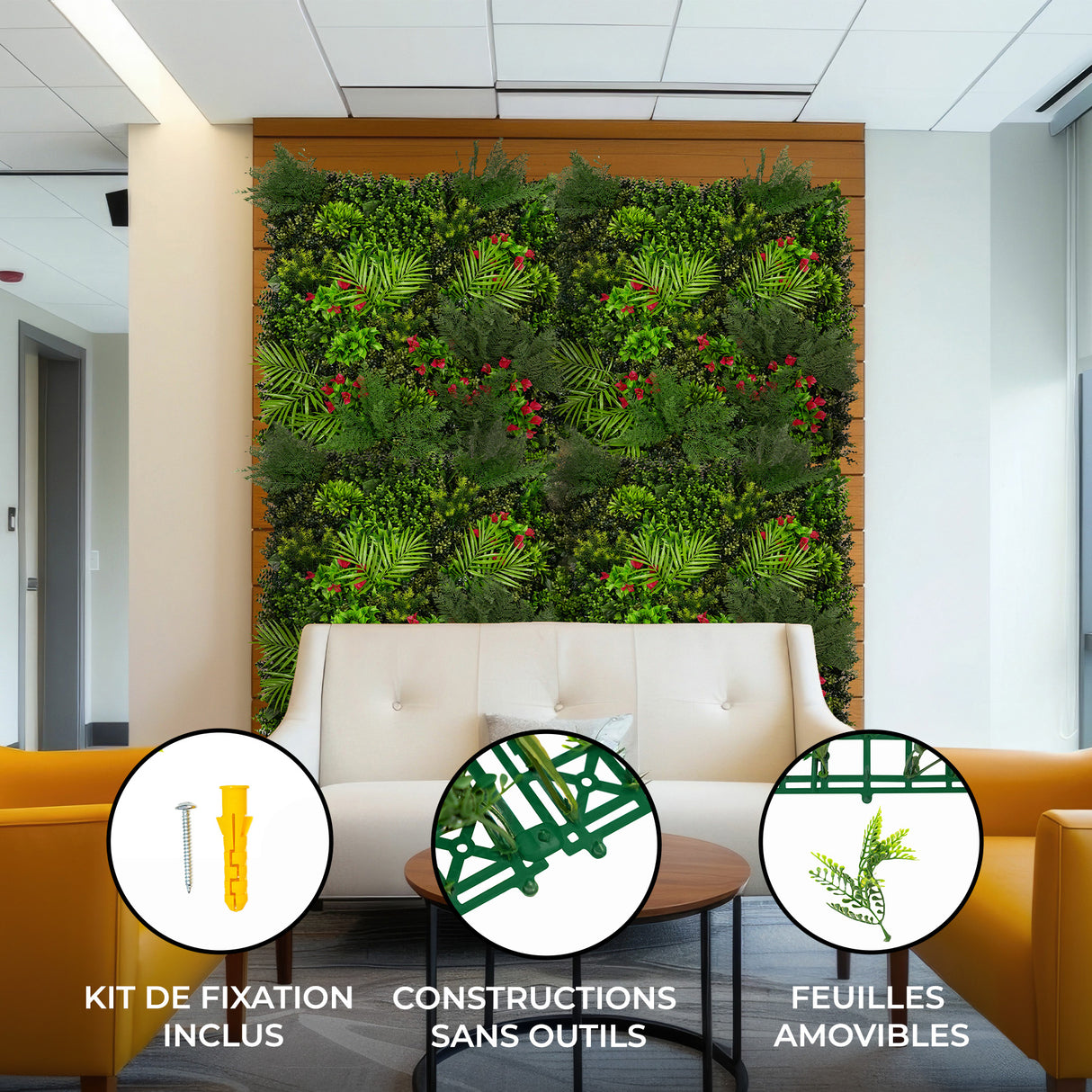 Panneau mural végétal artificiel de 100 x 100 cm avec feuillage vert, fleurs rouges et texture réaliste, idéal pour décorer un intérieur
