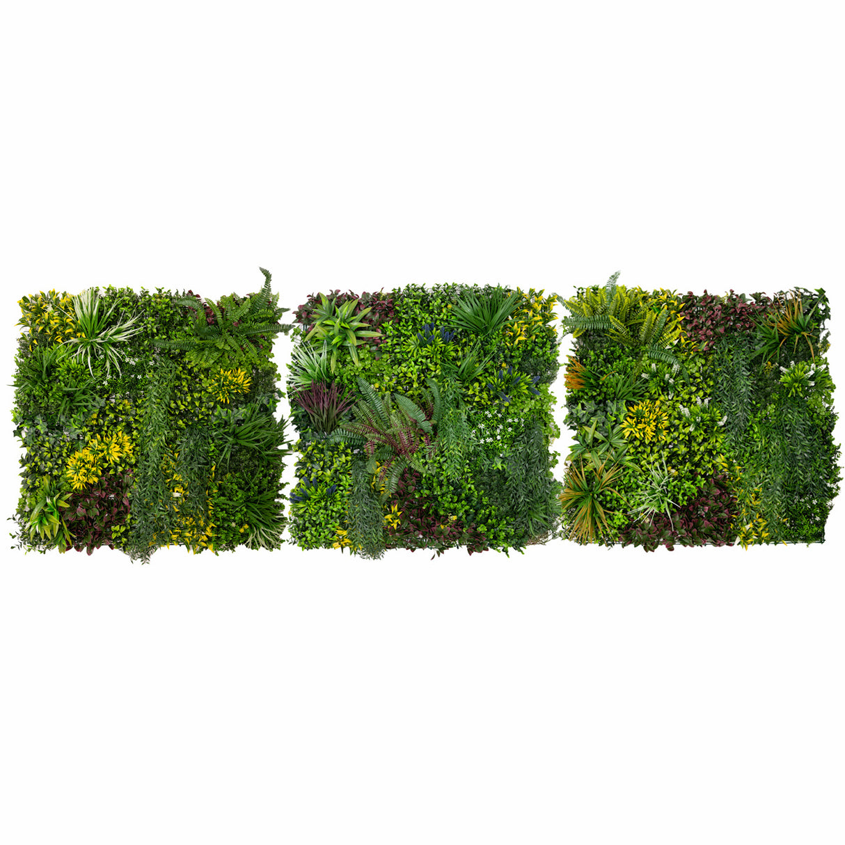 Trois panneaux muraux végétaux artificiels de 100 x 100 cm, présentant une riche variété de feuillages verts et colorés, textures luxuriantes