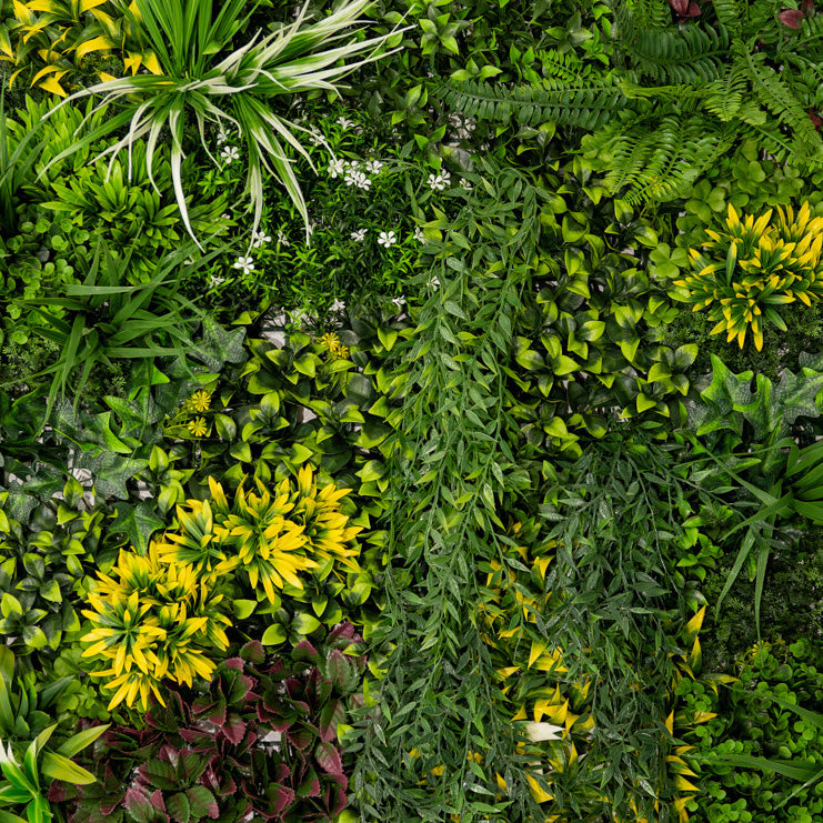Panneaux muraux végétaux artificiels de 100 x 100 cm, présentant une variété de feuillages verts et jaunes, textures réalistes et luxuriantes