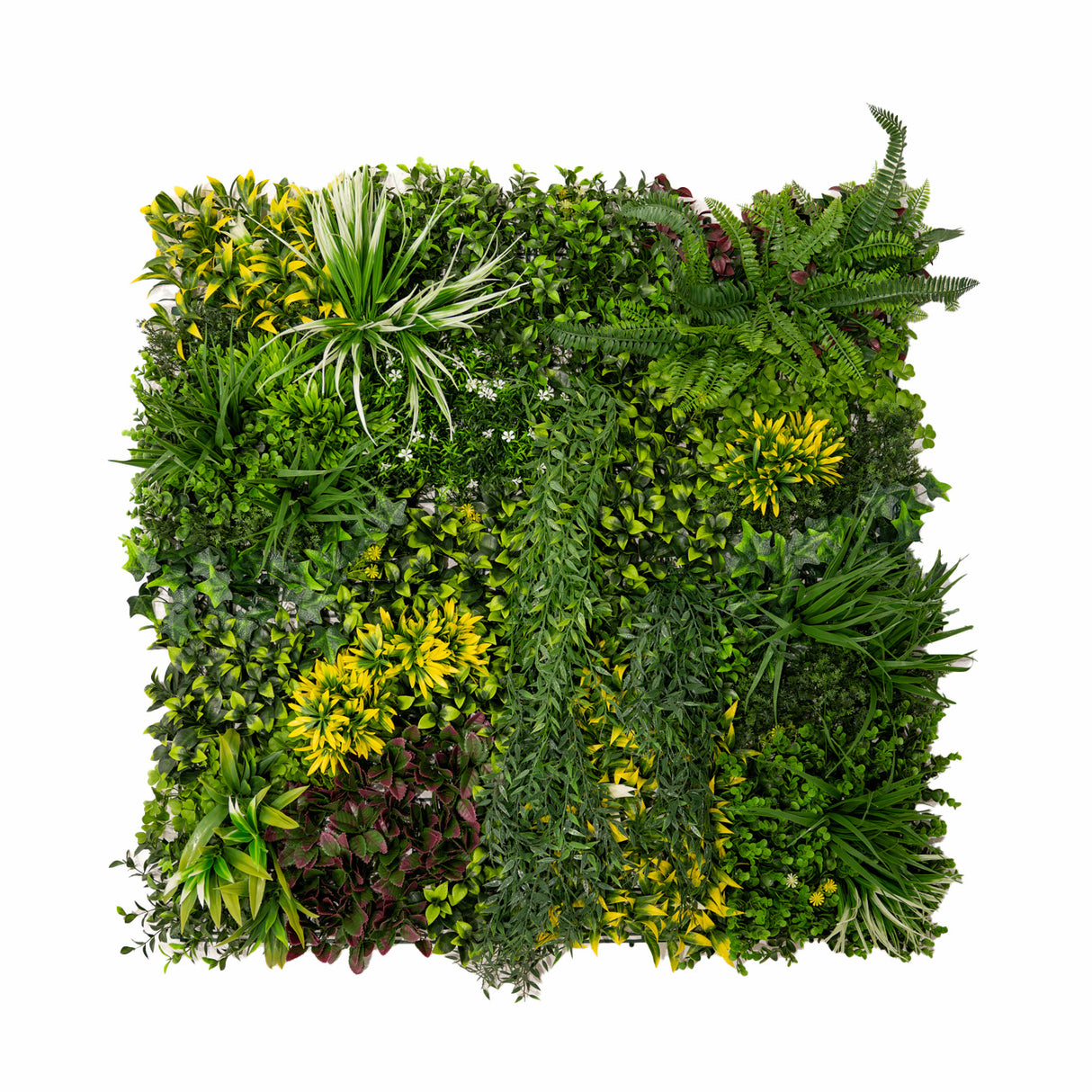 Panneau mural végétal artificiel de 100 x 100 cm, composé de feuillages verts variés, textures luxuriantes et nuances de jaune et violet