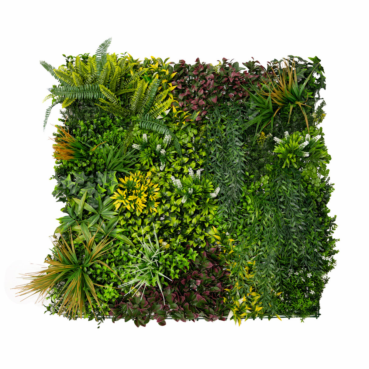 Panneaux muraux végétaux artificiels de 100 x 100 cm, mélange de feuillages verts, textures variées et touches de fleurs colorées