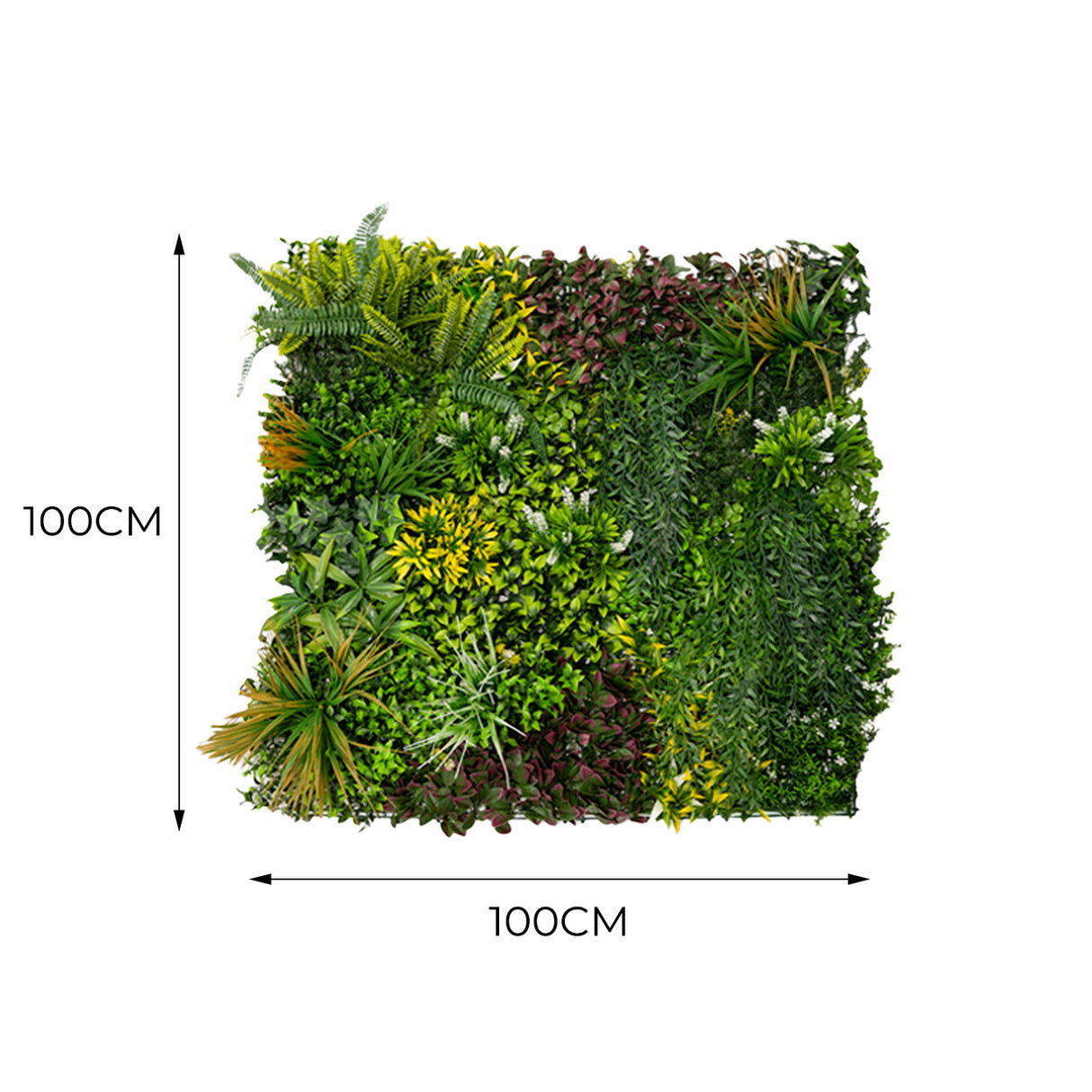 Panneaux muraux végétaux artificiels de 100 x 100 cm, présentant une variété de feuillages verts, textures riches et couleurs vibrantes