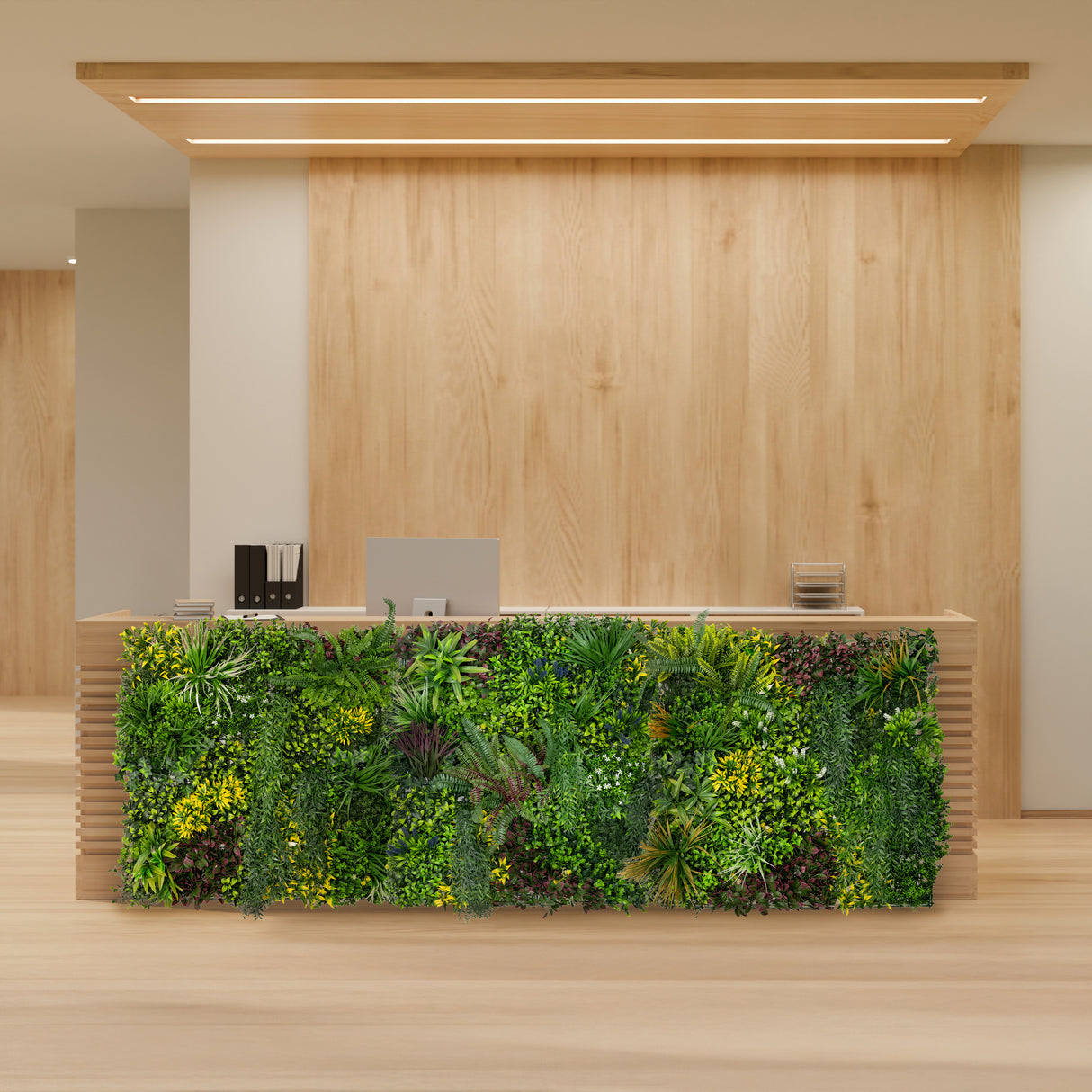 Panneaux muraux végétaux artificiels 100 x 100 cm, mélange de feuillages verts et fleurs jaunes, texture réaliste, décor moderne pour intérieur