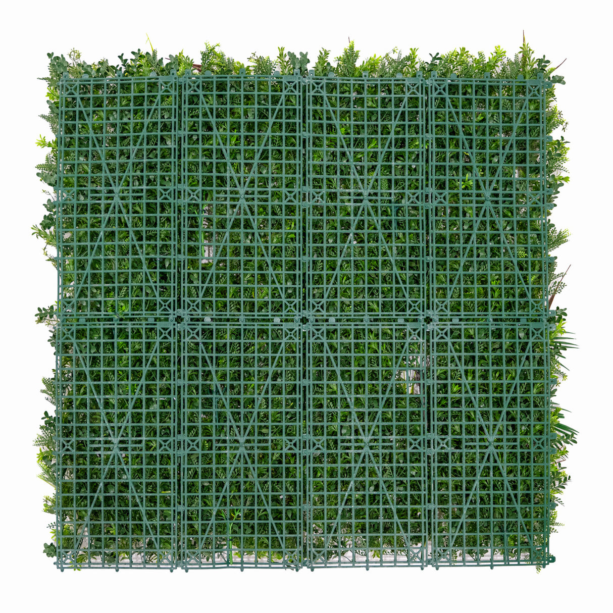 Panneaux muraux végétaux artificiels de 100 x 100 cm, avec un cadre en plastique vert et une texture réaliste de feuillage dense