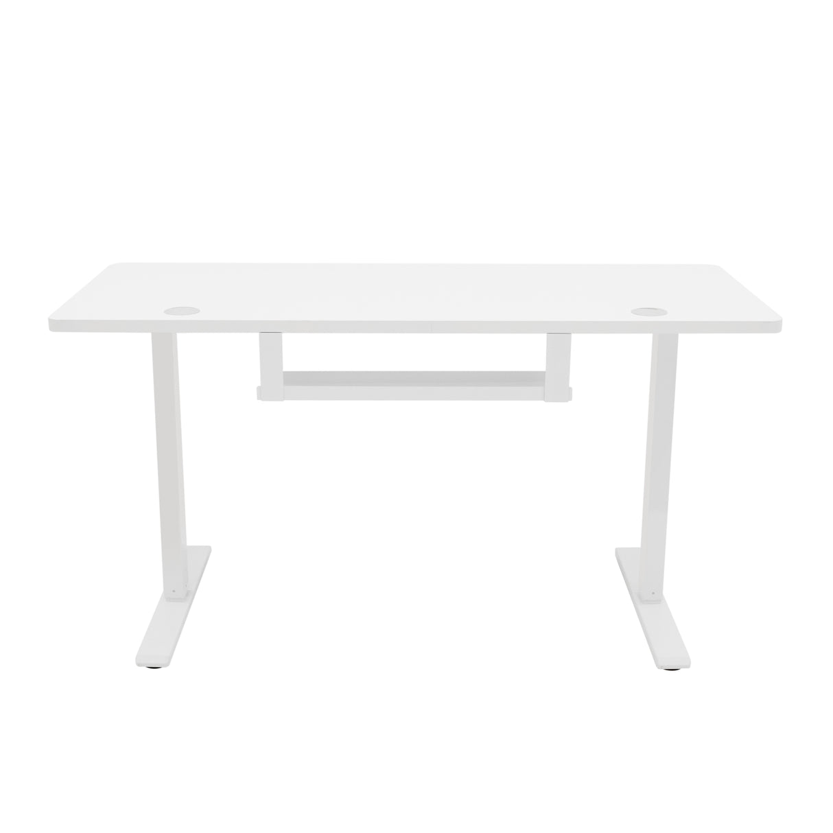 Bureau assis-debout électrique blanc avec tiroir, dimensions 120 x 60 cm, surface lisse et pieds en métal robuste, design moderne