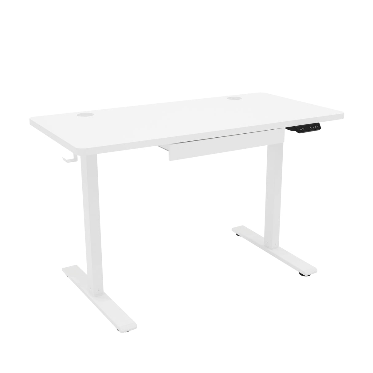 Bureau assis-debout électrique blanc, 120 x 60 cm, avec tiroir intégré et commandes pour ajuster la hauteur, design moderne et épuré