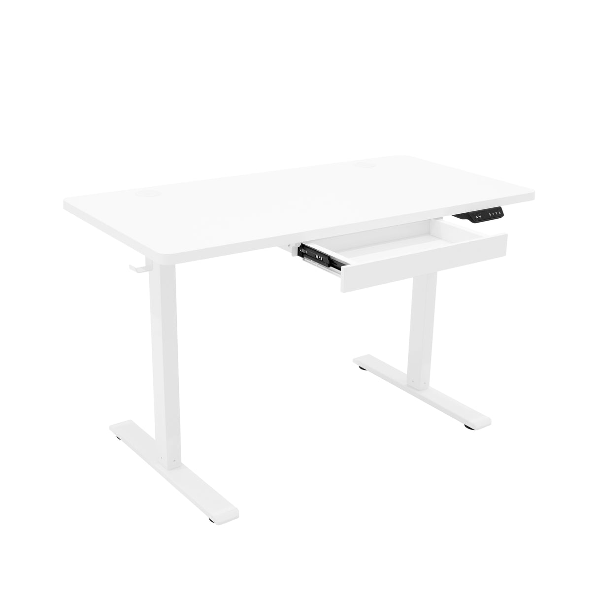 Bureau assis-debout électrique blanc avec tiroir, surface lisse et moderne, pieds en métal robustes, dimensions 120 x 60 cm