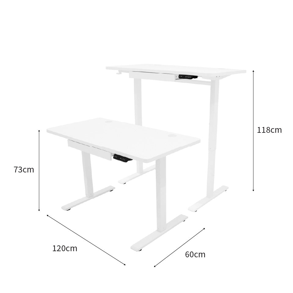 Bureau assis-debout électrique blanc avec tiroir, dimensions 120 x 60 cm, design moderne et épuré, hauteur ajustable de 73 à 118 cm