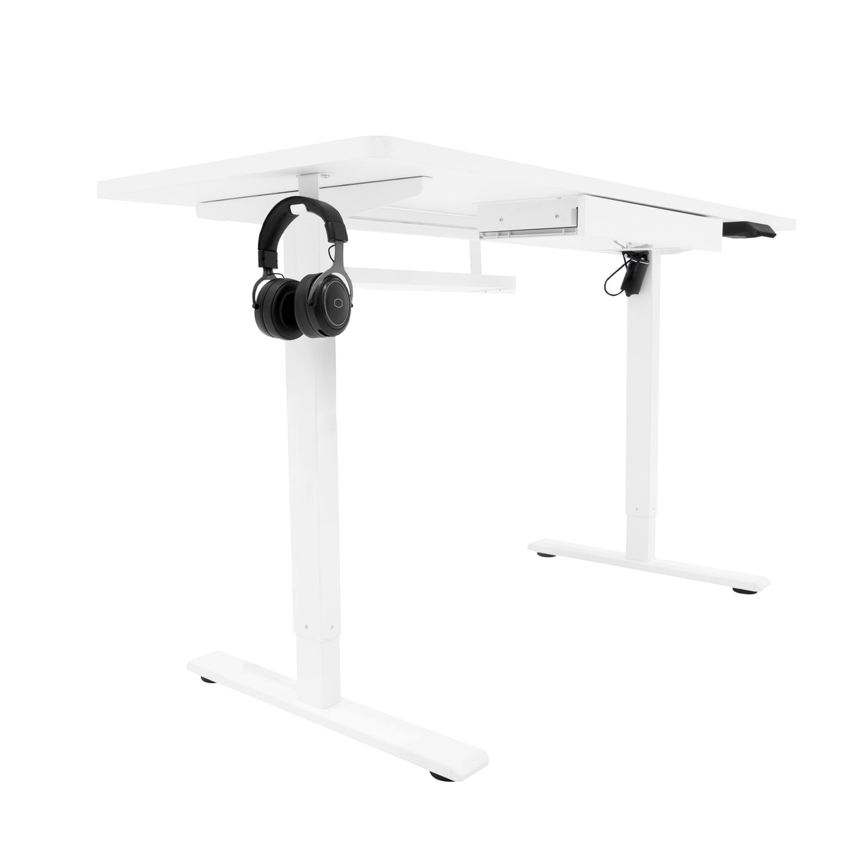 Bureau assis-debout électrique blanc avec tiroir, pieds en métal, et casque suspendu, surface lisse et moderne de 120 x 60 cm