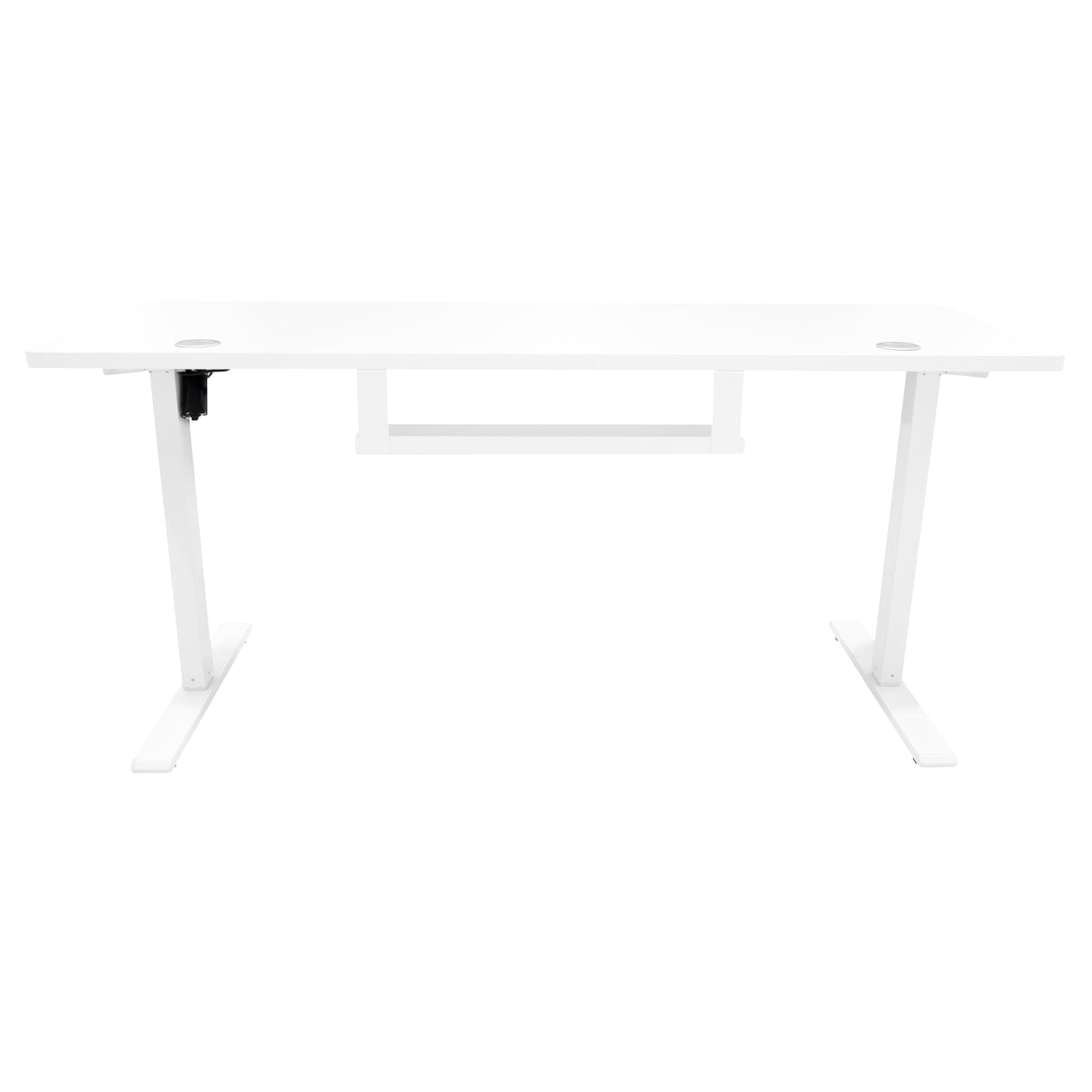 Bureau assis-debout électrique blanc avec tiroir, surface lisse, pieds en métal, design moderne et épuré, dimensions 160 x 60 cm