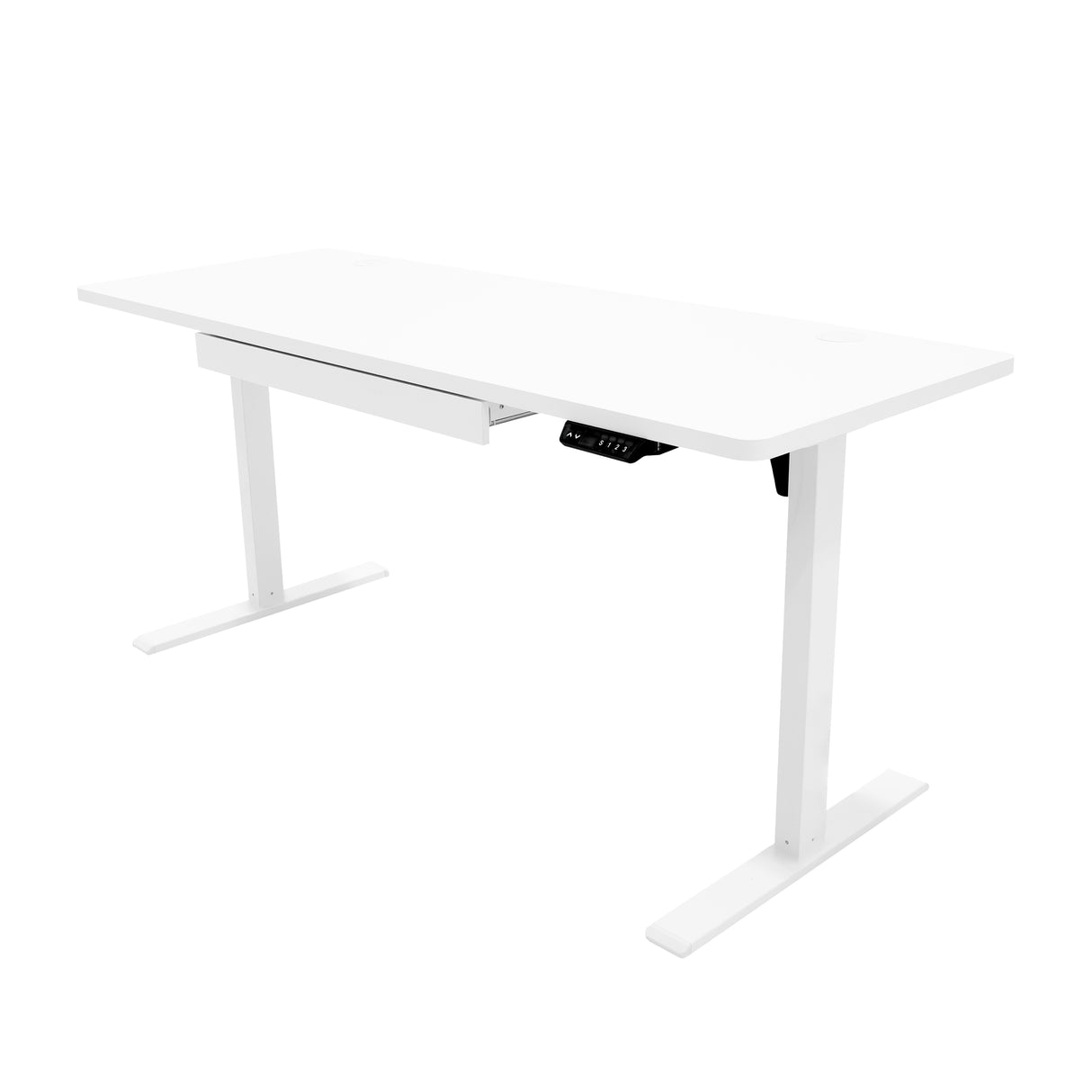 Bureau assis-debout électrique blanc avec tiroir, surface lisse, pieds en métal robuste, design moderne et épuré, dimensions 160 x 60 cm