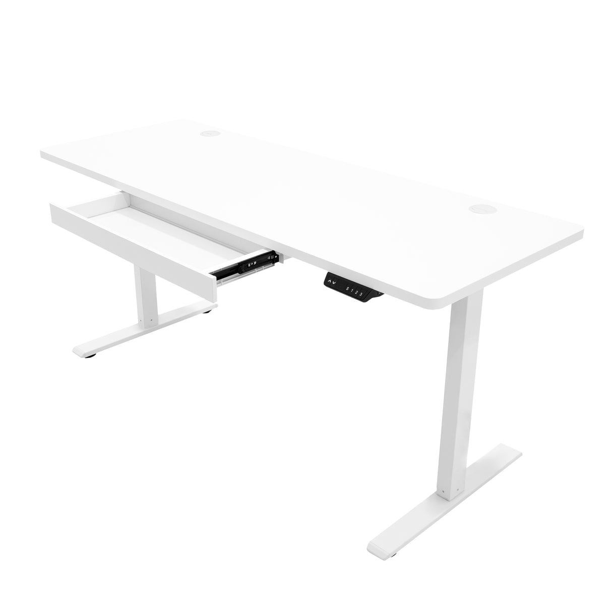 Bureau assis-debout électrique blanc avec tiroir, surface lisse, pieds en métal, design moderne et épuré, dimensions 160 x 60 cm