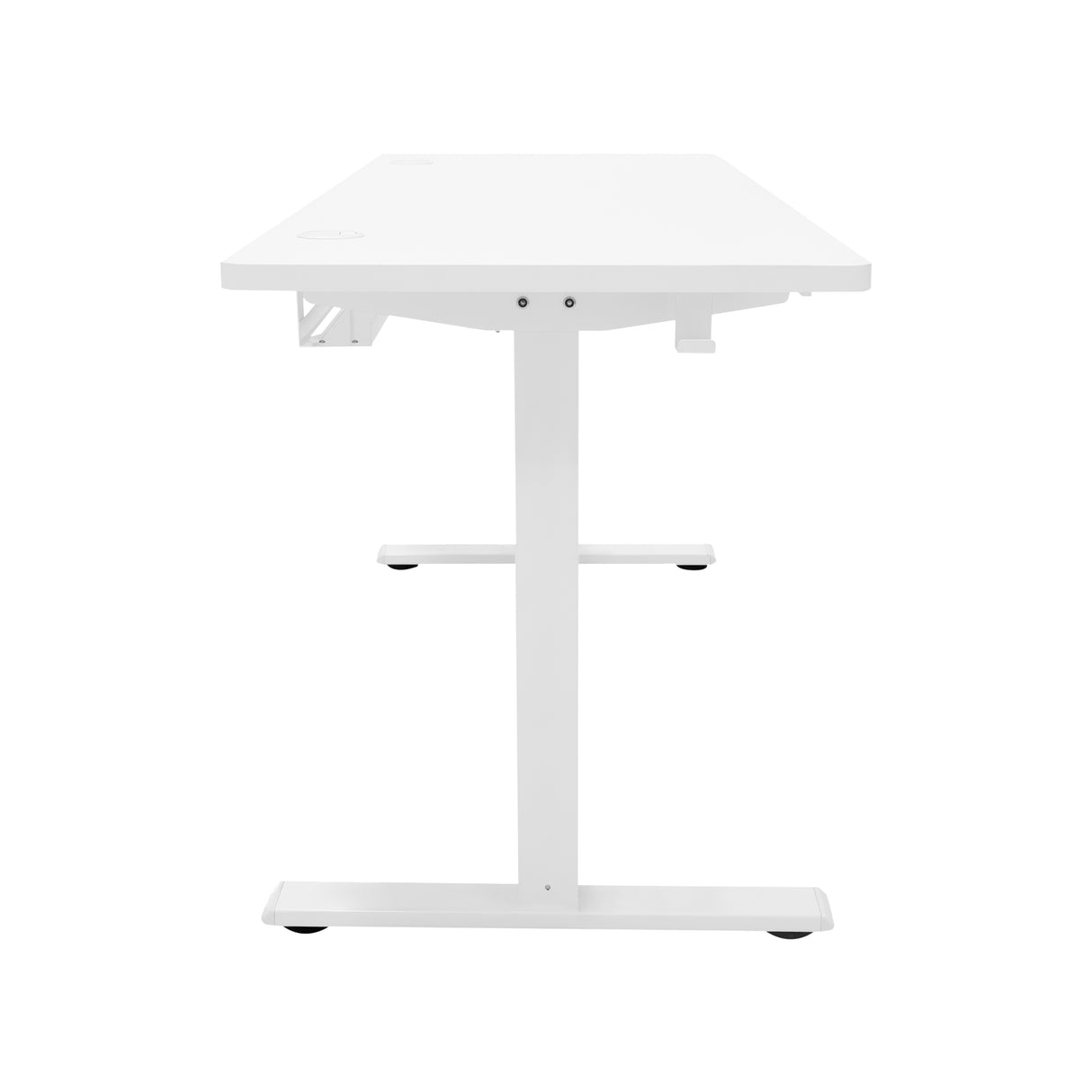 Bureau assis-debout électrique blanc, surface lisse, tiroir intégré, design moderne et épuré, dimensions 160 x 60 cm