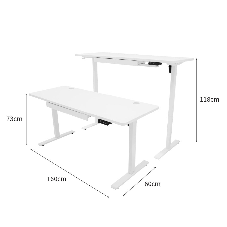 Bureau assis-debout électrique blanc, dimensions 160 x 60 cm, avec tiroir intégré et réglage de hauteur, design moderne et épuré