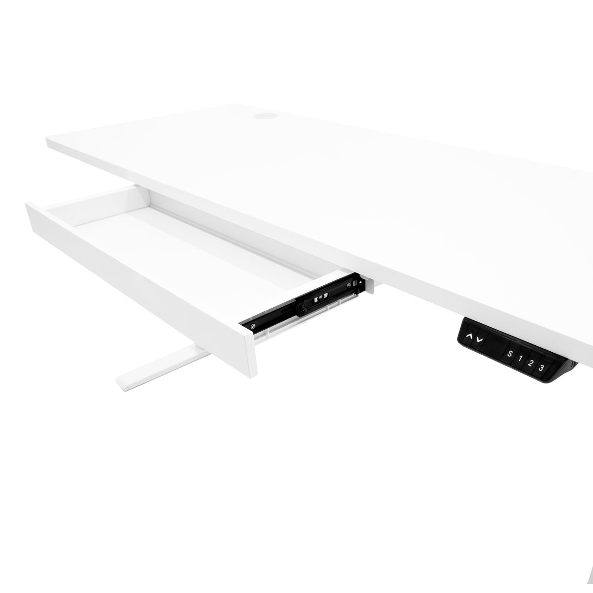 Bureau assis-debout électrique blanc, 160 x 60 cm, avec tiroir intégré et panneau de contrôle pour ajuster la hauteur