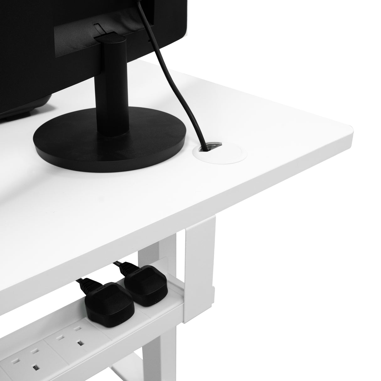 Bureau assis-debout électrique blanc avec tiroir, prise de courant intégrée et support noir pour écran, design moderne et épuré