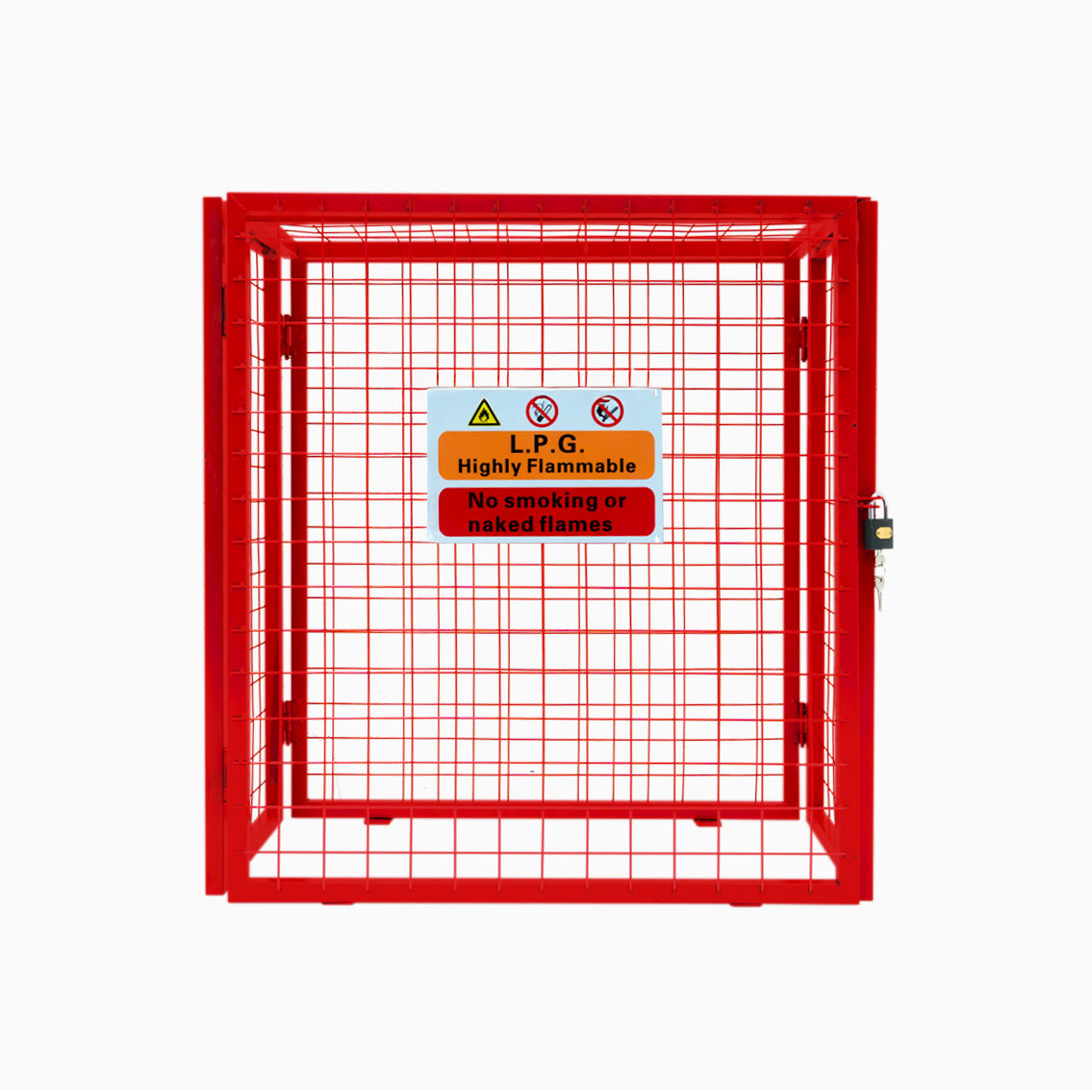 Cage métallique rouge pour bouteilles de gaz, dimensions 90 x 80 x 43 cm, avec panneaux d'avertissement et serrure sécurisée