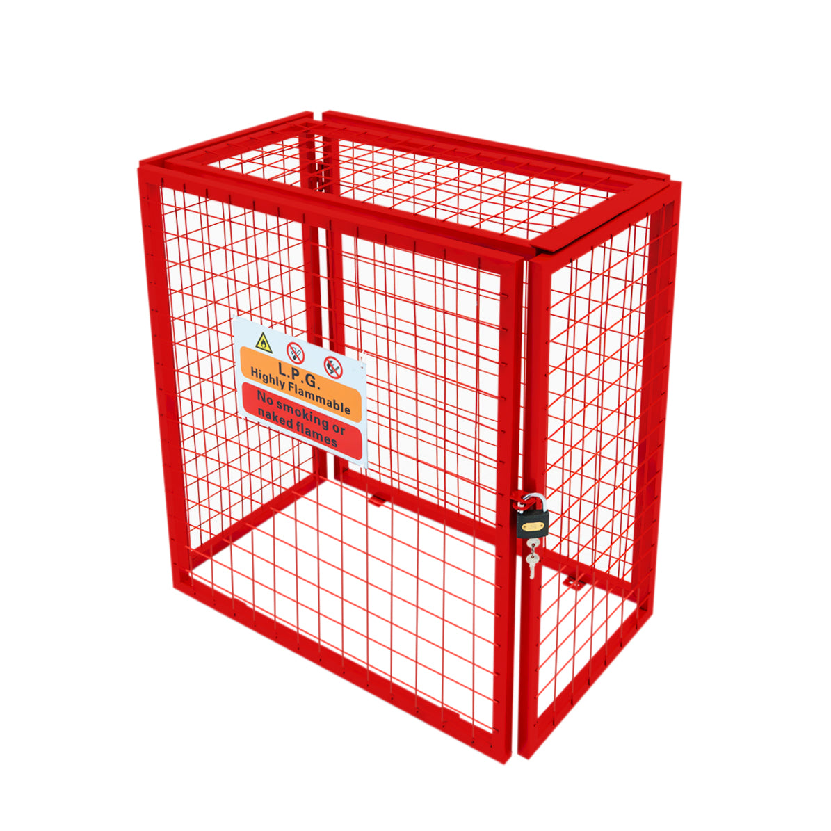 Cage métallique rouge pour bouteilles de gaz, dimensions 90 x 80 x 43 cm, avec grille en métal et serrure sécurisée