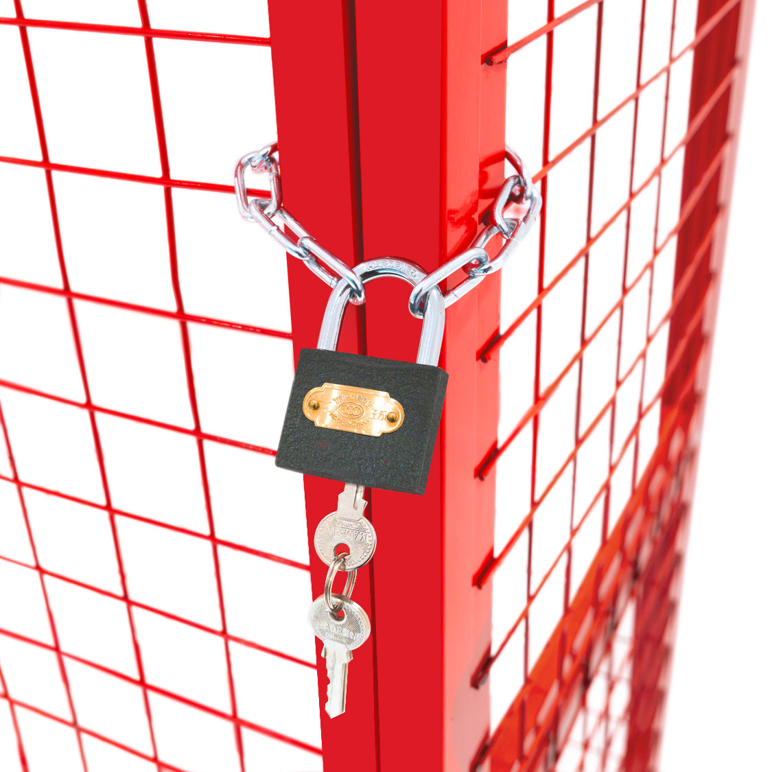 Cage métallique rouge pour bouteilles de gaz, dimensions 90 x 80 x 43 cm, avec cadenas et chaînes en métal pour sécurité renforcée