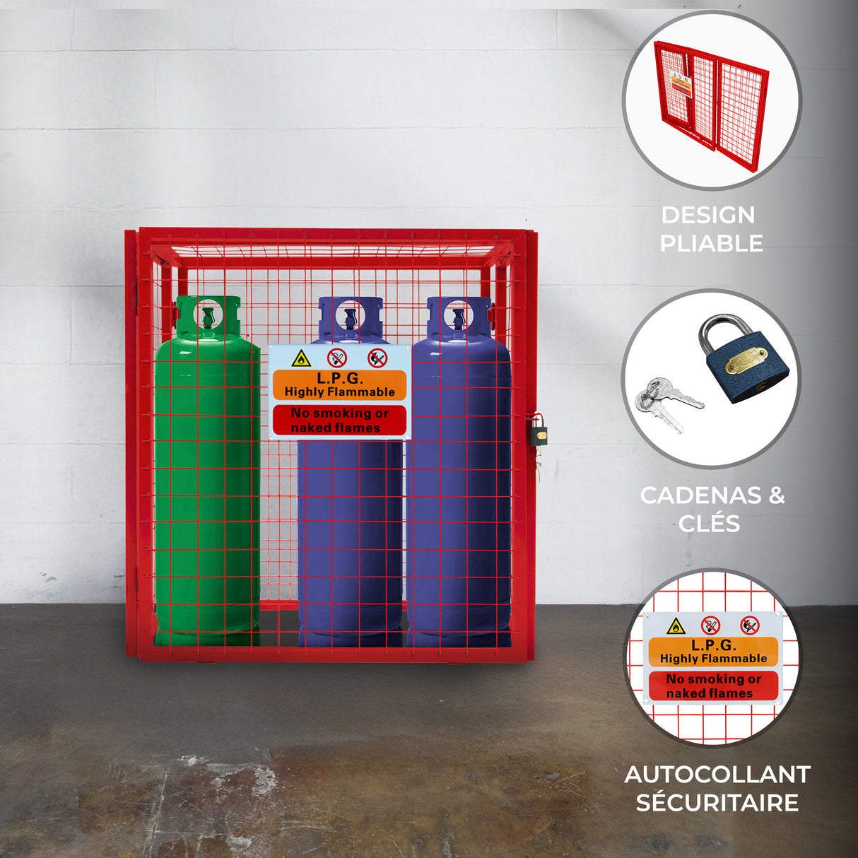 Cage métallique rouge pour bouteilles de gaz, dimensions 90 x 80 x 43 cm, avec grille, cadenas et autocollants de sécurité visibles