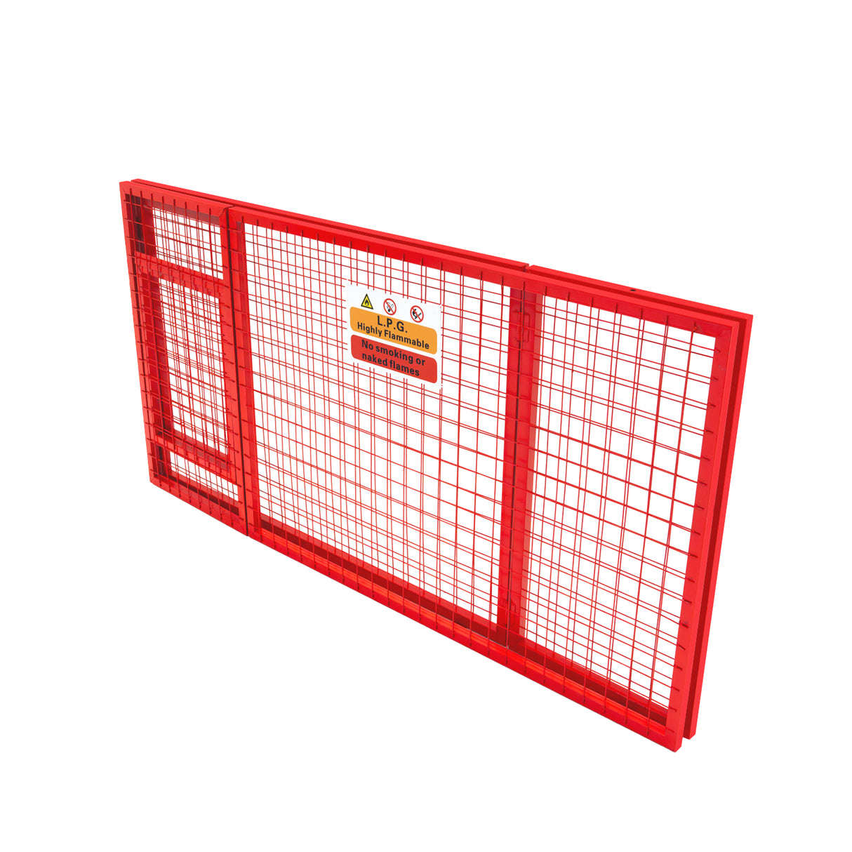 Cage métallique rouge pour bouteilles de gaz, dimensions 100 x 140 x 50 cm, avec maillage en grille et panneau de sécurité visible