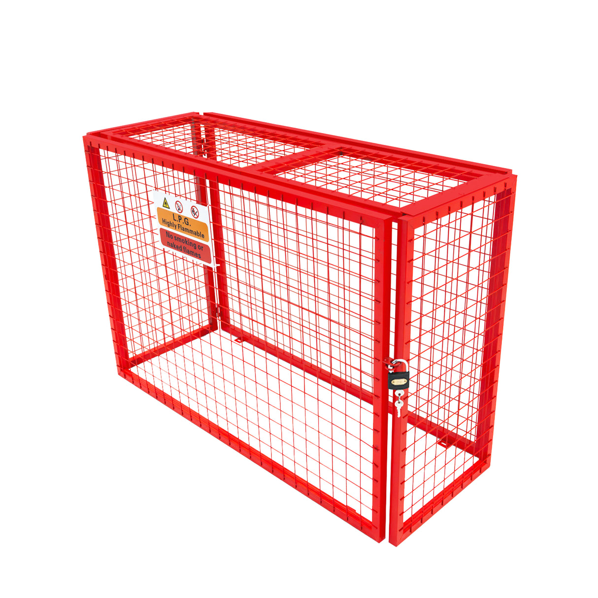 Cage métallique rouge pour bouteilles de gaz, dimensions 100 x 140 x 50 cm, avec grille en mailles et serrure sécurisée