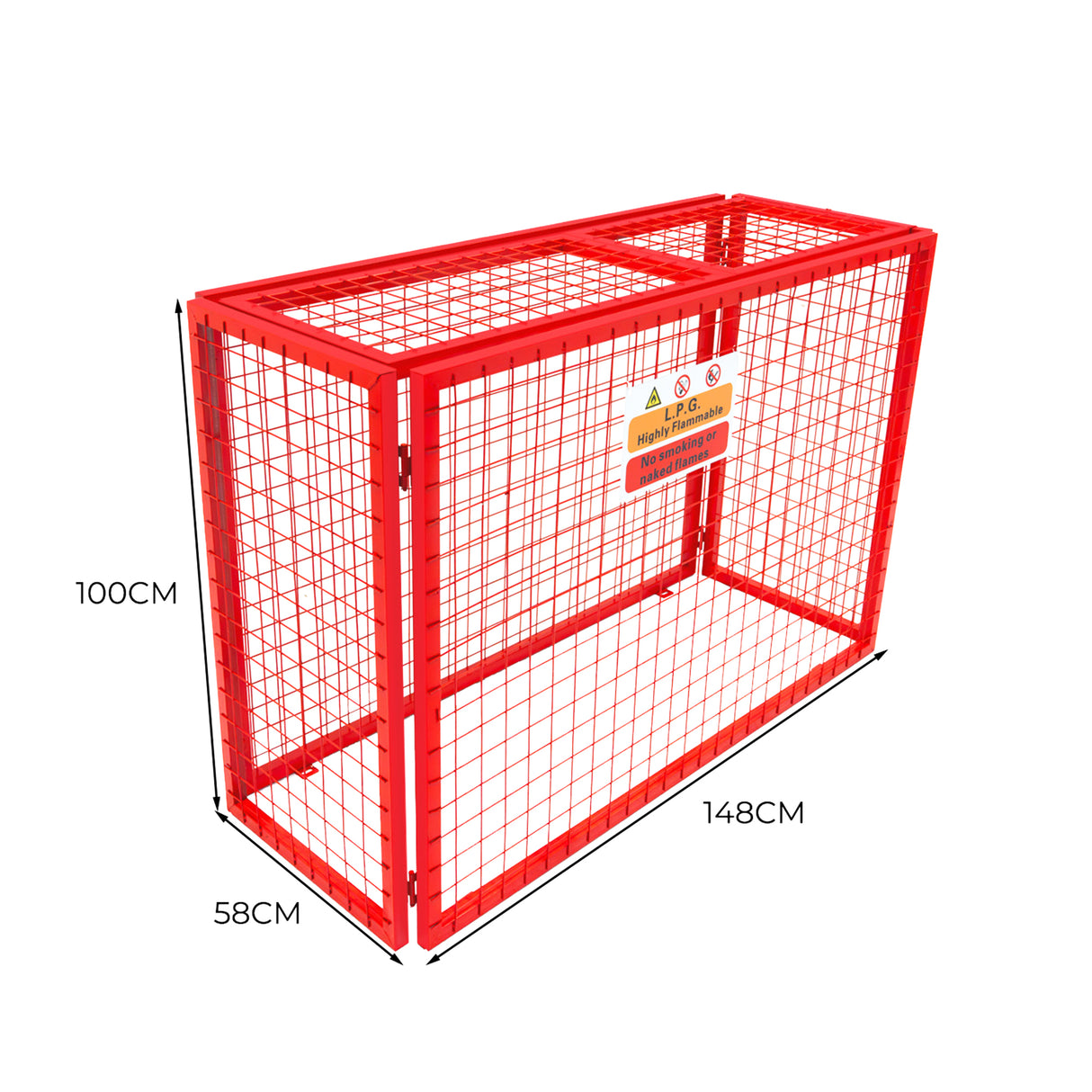 Cage métallique rouge pour bouteilles de gaz, dimensions 100 x 140 x 50 cm, avec grille en métal et finition robuste et durable