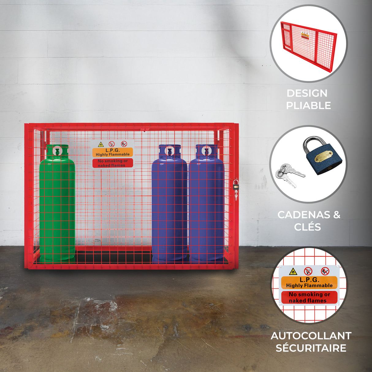 Cage métallique rouge pour bouteilles de gaz, avec deux bouteilles vertes et violettes, cadenas, et autocollant de sécurité visible