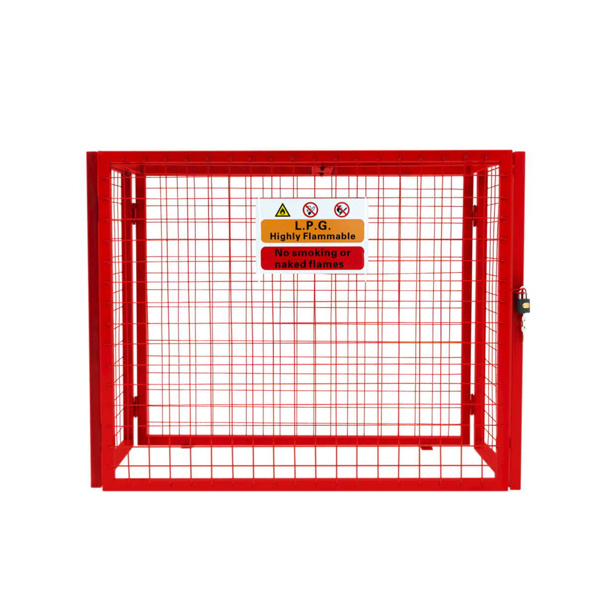 Cage métallique rouge pour bouteilles de gaz, dimensions 92 x 110 x 50 cm, avec grille et panneau d'avertissement de sécurité