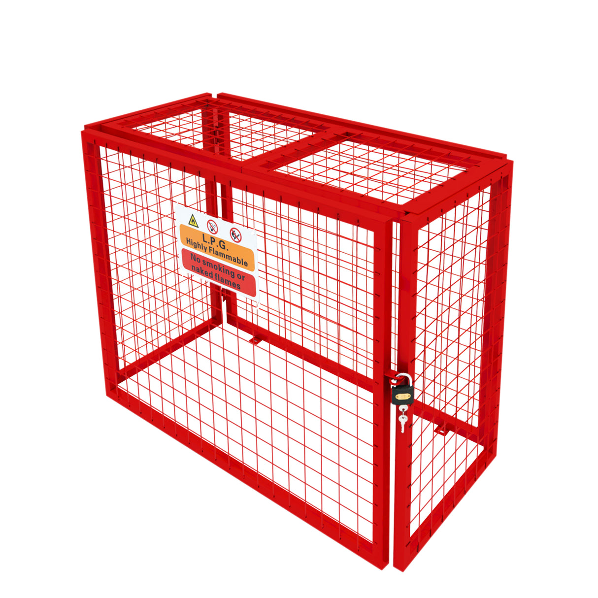 Cage métallique rouge pour bouteilles de gaz, dimensions 92 x 110 x 50 cm, avec grille en métal et serrure sécurisée
