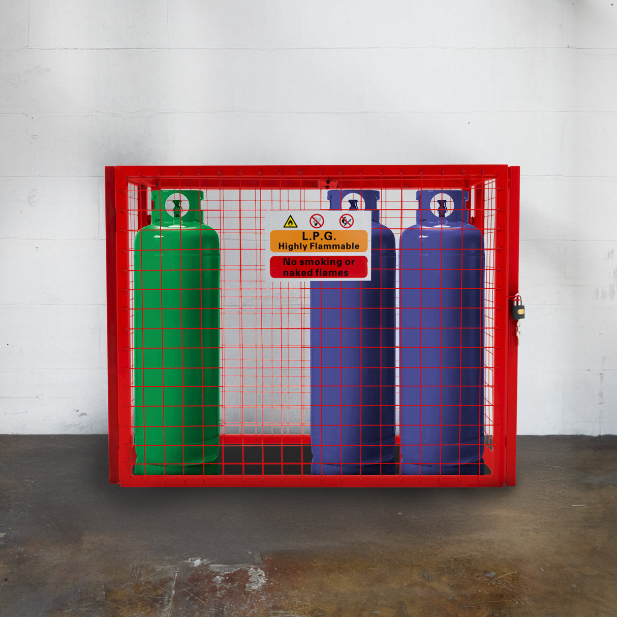Cage métallique rouge pour bouteilles de gaz, avec deux bouteilles vertes et bleues, grille en métal, dimensions 92 x 110 x 50 cm