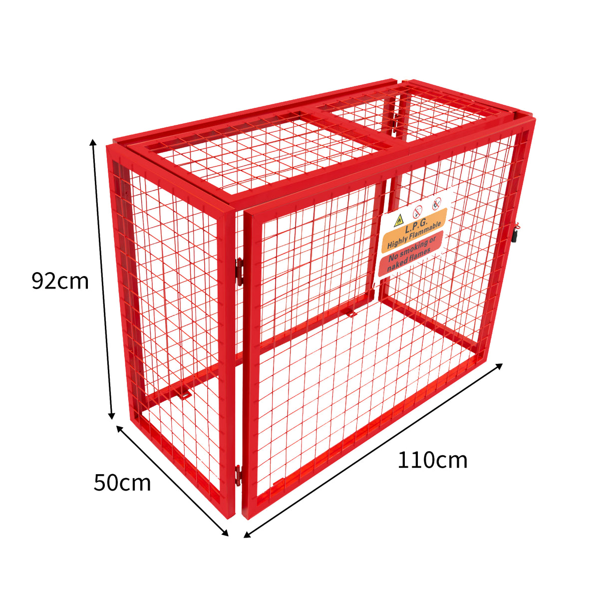 Cage métallique rouge pour bouteilles de gaz, dimensions 92 x 110 x 50 cm, avec grille en métal et porte sécurisée