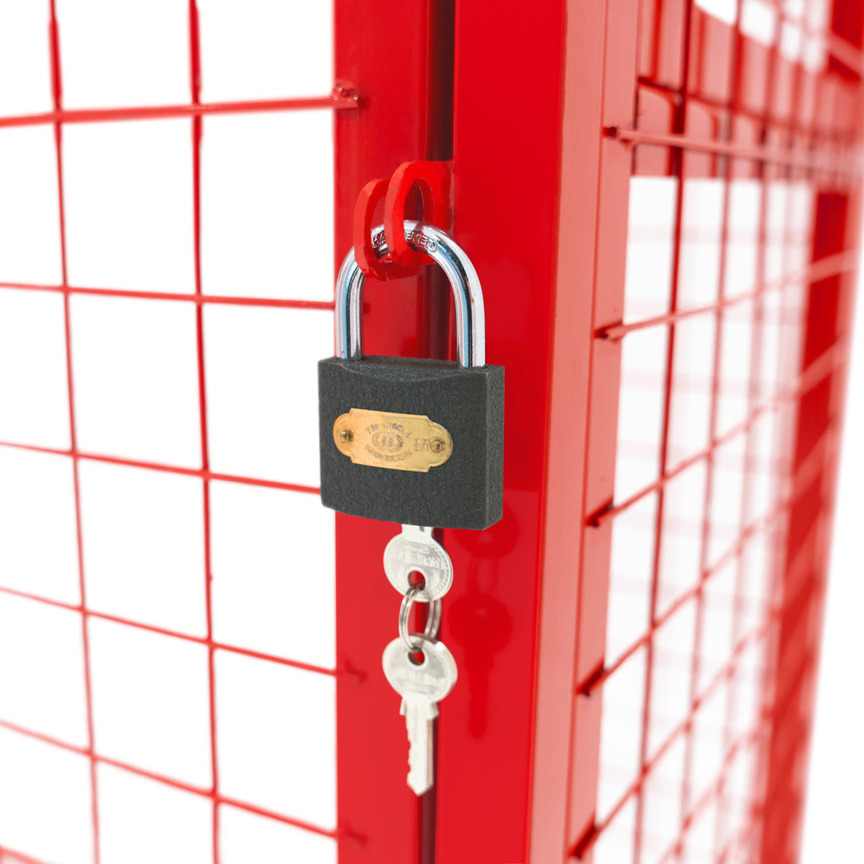 Cage métallique rouge pour bouteilles de gaz, avec une serrure en métal et une texture grillagée, dimensions 92 x 110 x 50 cm