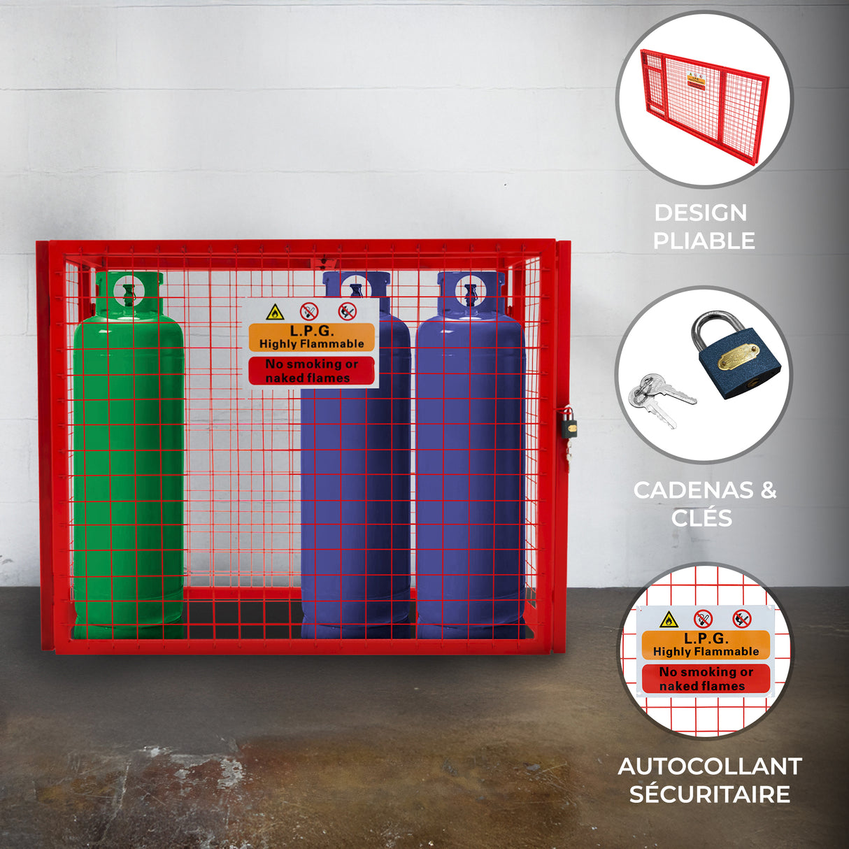 Cage métallique rouge pour bouteilles de gaz, dimensions 92 x 110 x 50 cm, avec grille, cadenas et autocollants de sécurité visibles