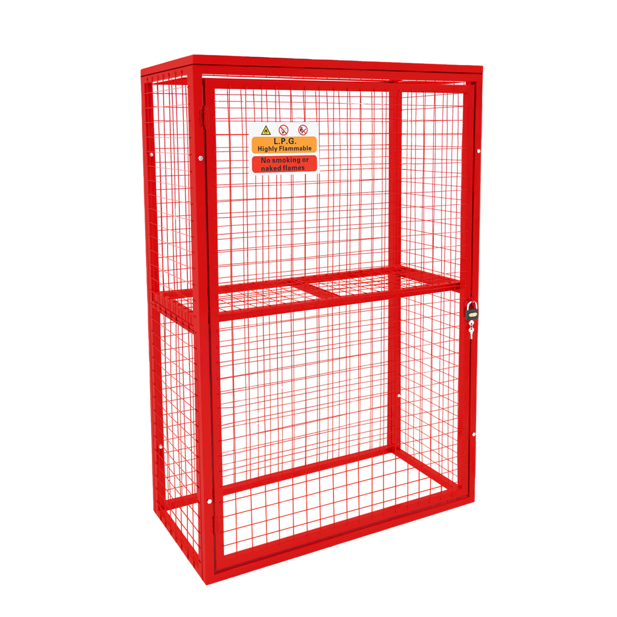 Cage métallique rouge pour bouteilles de gaz, dimensions 181 x 160 x 57 cm, avec grille et serrure pour sécurité optimale