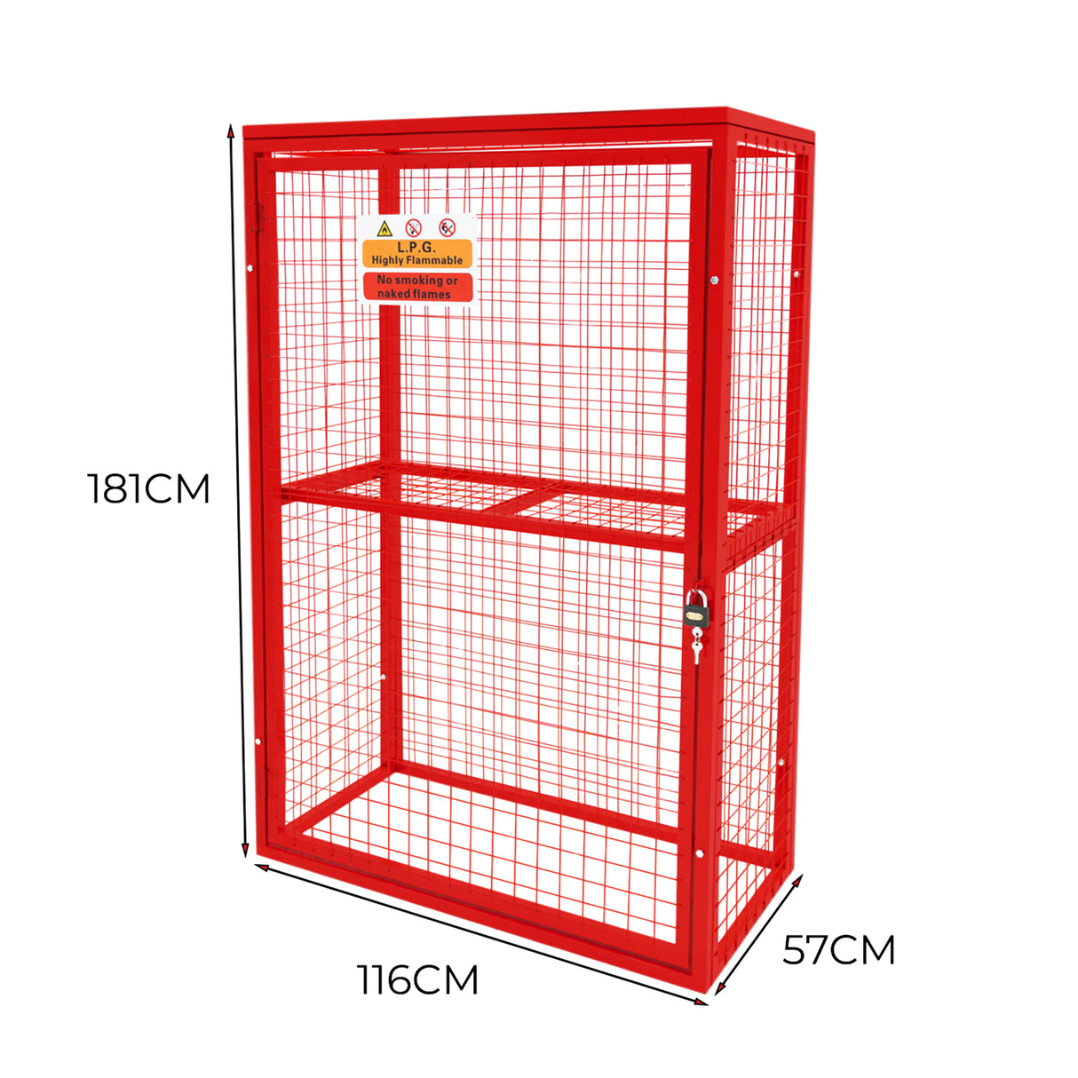 Cage métallique rouge pour bouteilles de gaz, dimensions 181 x 116 x 57 cm, avec grille en métal et serrure sécurisée