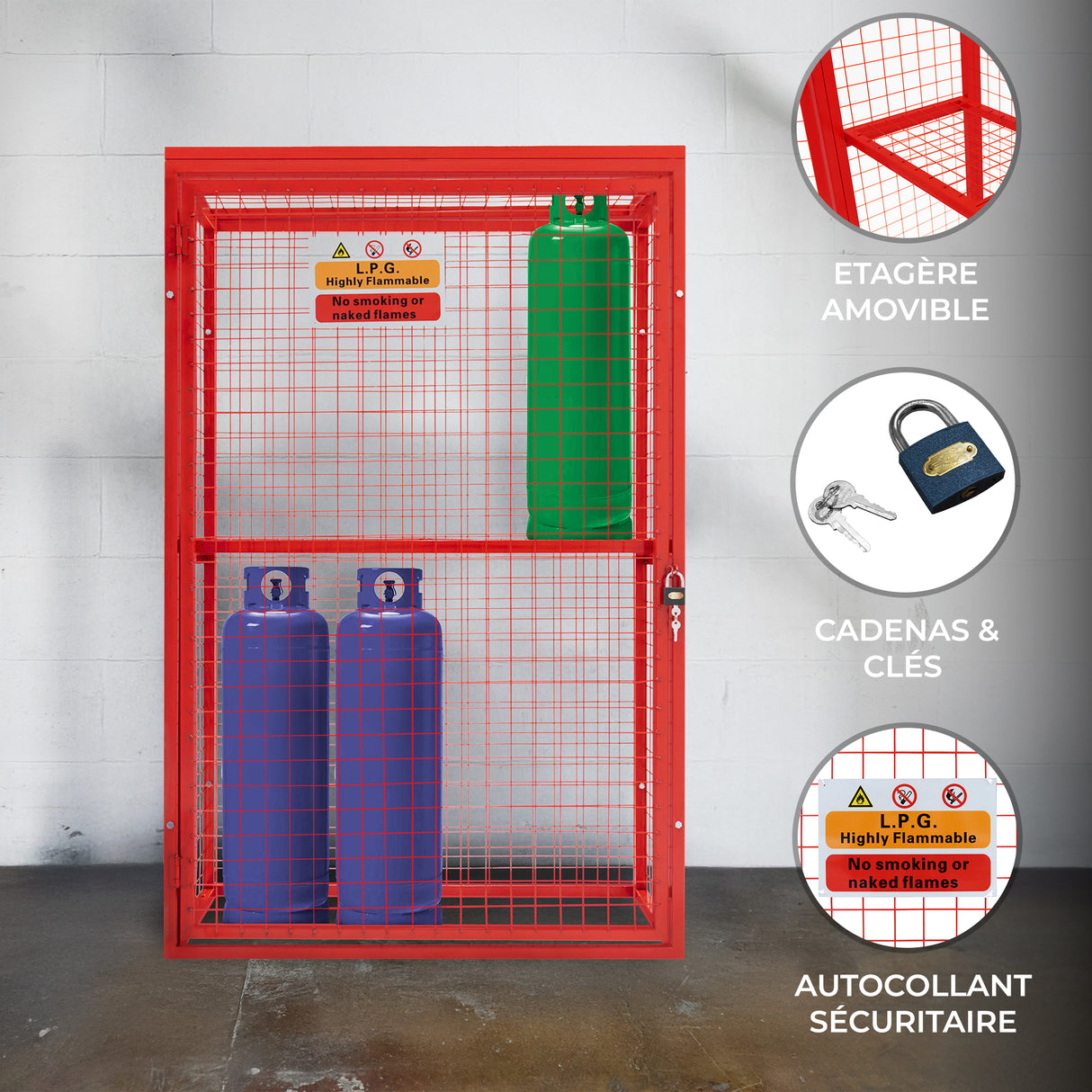 Cage métallique rouge pour bouteilles de gaz, dimensions 181 x 160 x 57 cm, avec étagère amovible et cadenas sécurisé