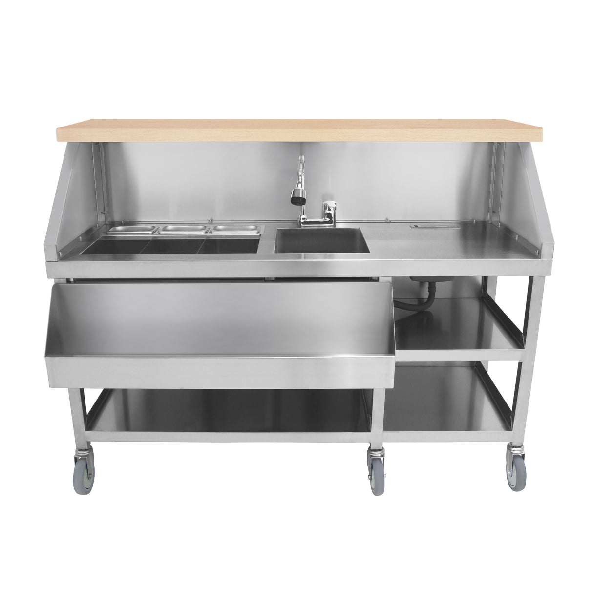 Station de bar à cocktails mobile en acier inoxydable avec un plan de travail en bois, comprenant des bacs et des roulettes pour un déplacement facile