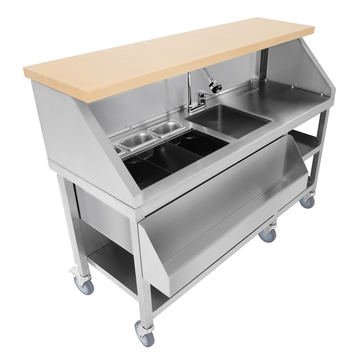 Station de bar à cocktails mobile en acier inoxydable avec un plan de travail en bois clair, équipée de bacs et de roulettes pour un déplacement facile