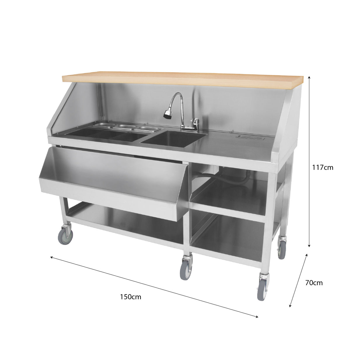 Station de bar à cocktails mobile en acier inoxydable avec un plan de travail en bois, deux éviers, un tiroir et des roulettes pour un déplacement facile