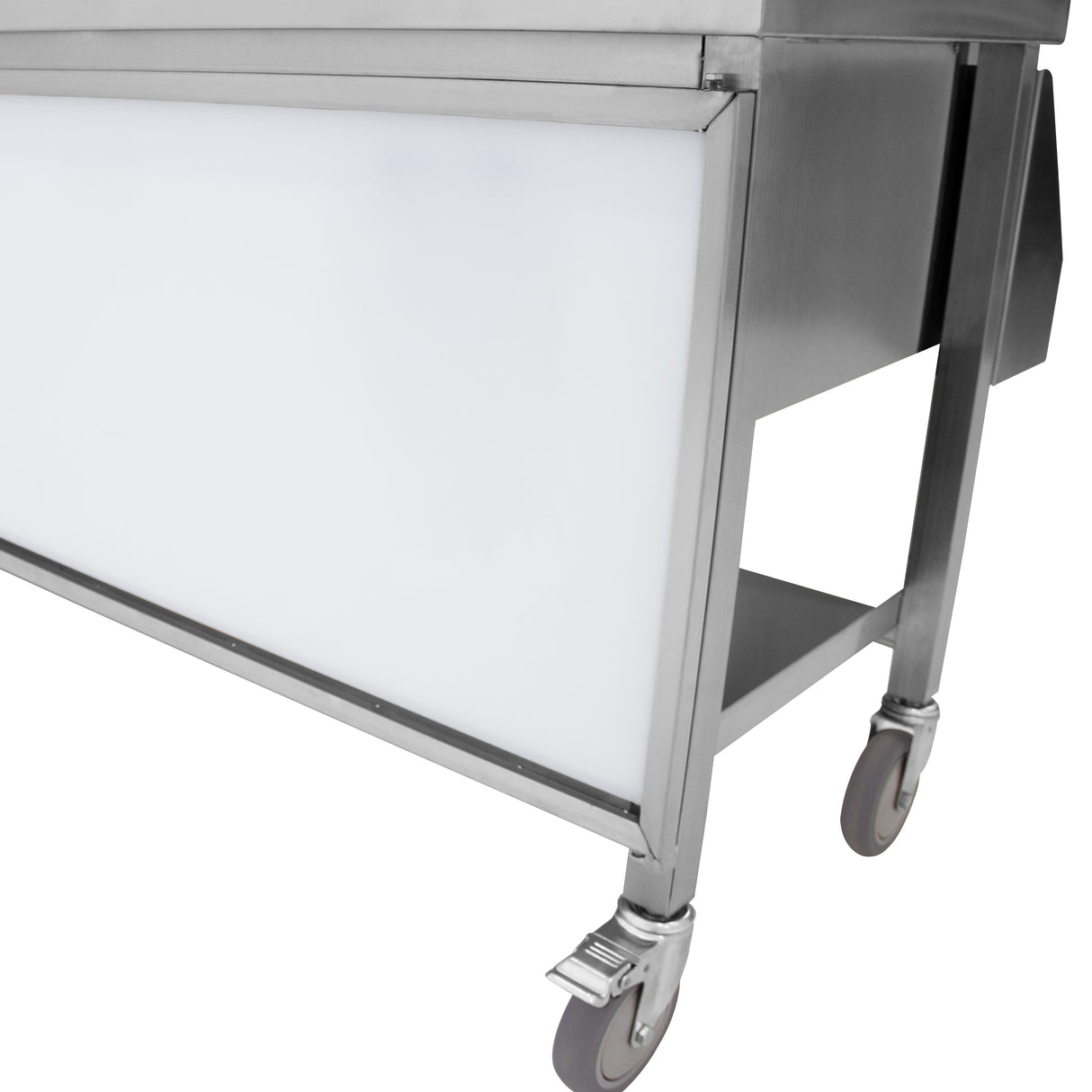 Station de bar à cocktails mobile en acier inoxydable avec surface blanche, roulettes pour un déplacement facile et design moderne