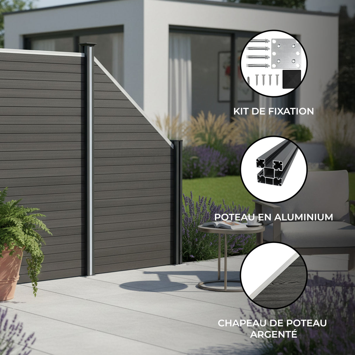 Kit Clôture Panneau Composite Incliné - Gris