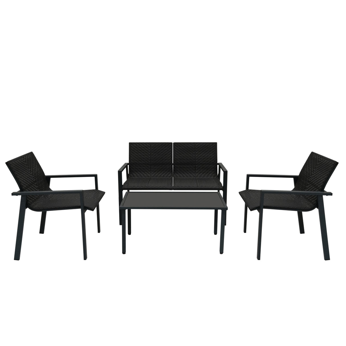 Ensemble de salon de terrasse en rotin noir, comprenant deux fauteuils, un canapé et une table basse, design moderne et élégant