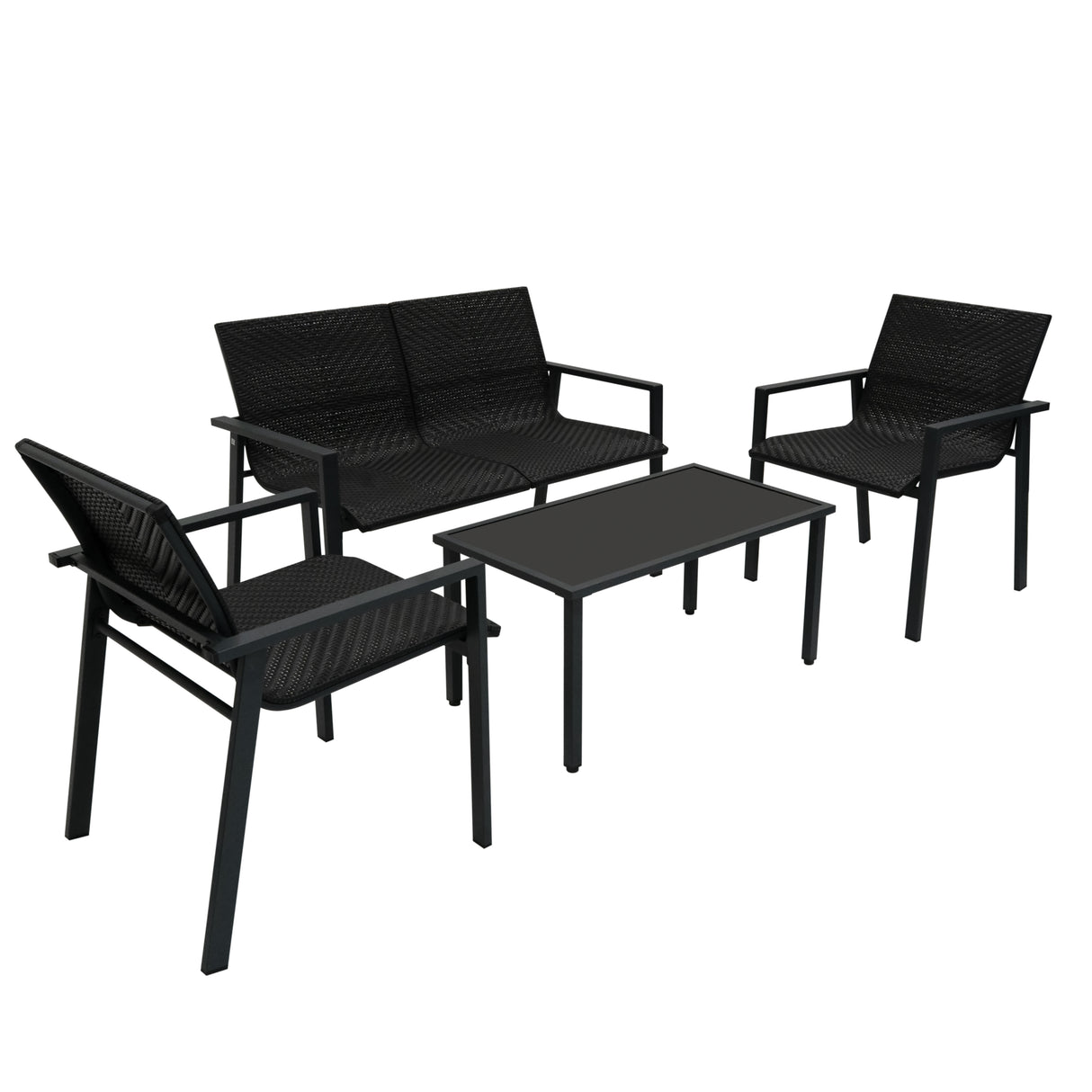 Ensemble de salon de terrasse en rotin noir, comprenant un canapé, deux fauteuils et une table, avec une texture tissée élégante