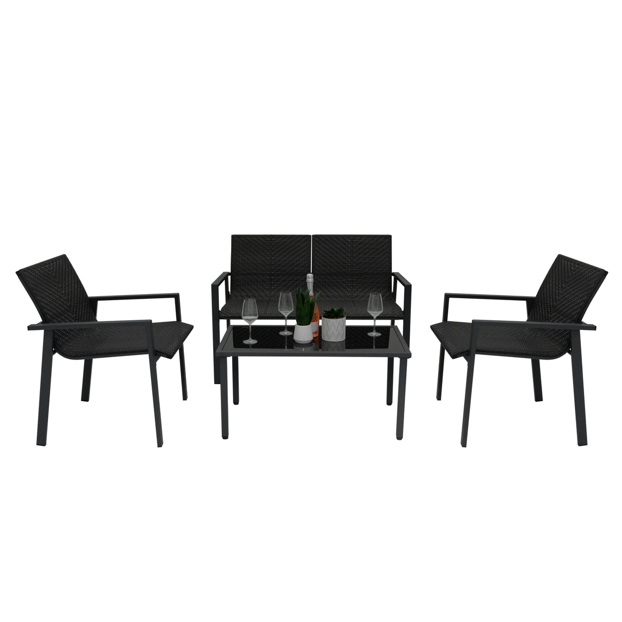 Ensemble de salon de terrasse en rotin noir, comprenant deux chaises et une table basse avec verre, idéal pour l'extérieur
