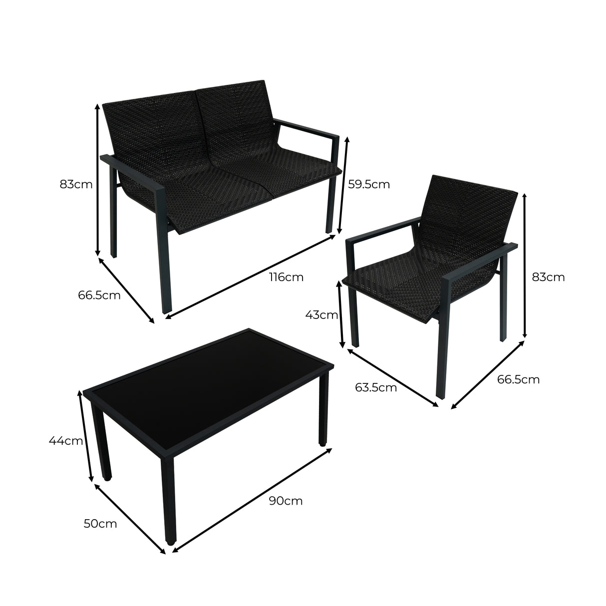 Ensemble de salon de terrasse en rotin noir, comprenant un canapé, une chaise et une table basse, avec des dimensions précises