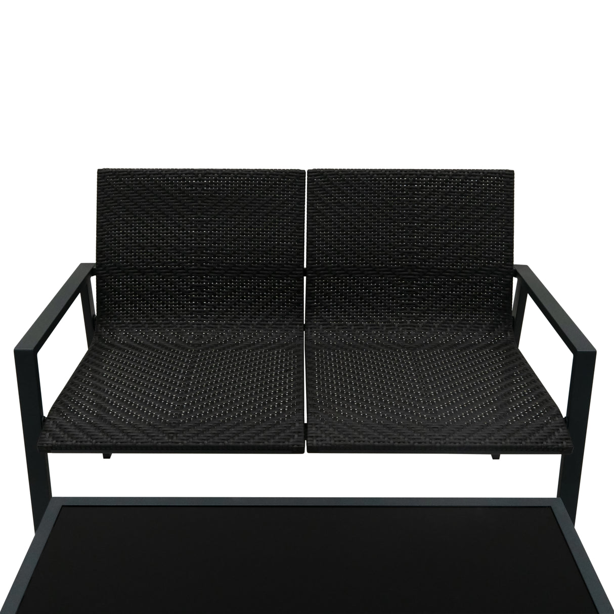 Ensemble de salon de terrasse en rotin noir, comprenant un canapé à deux places avec coussins et une table basse élégante
